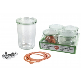 Weck Rundrandglas Sturz 0,75 l 4er Tray mit Deckel, Ring und Klammern