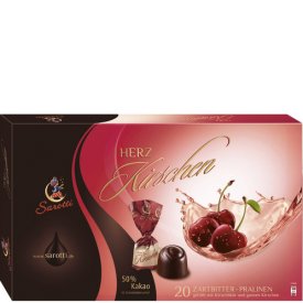 Sarotti Zartbitter-Pralinen gefüllt mit Kirschlikör und ganzen Herz Kirschen Sarotti Zartbitter-Pralinen gefüllt mit Kirschlikör und ganzen Herz Kirschen